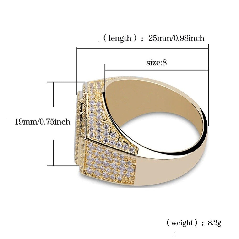 Mens Luxury 18K Gold Plated Hexagon Micropave CZ Ring