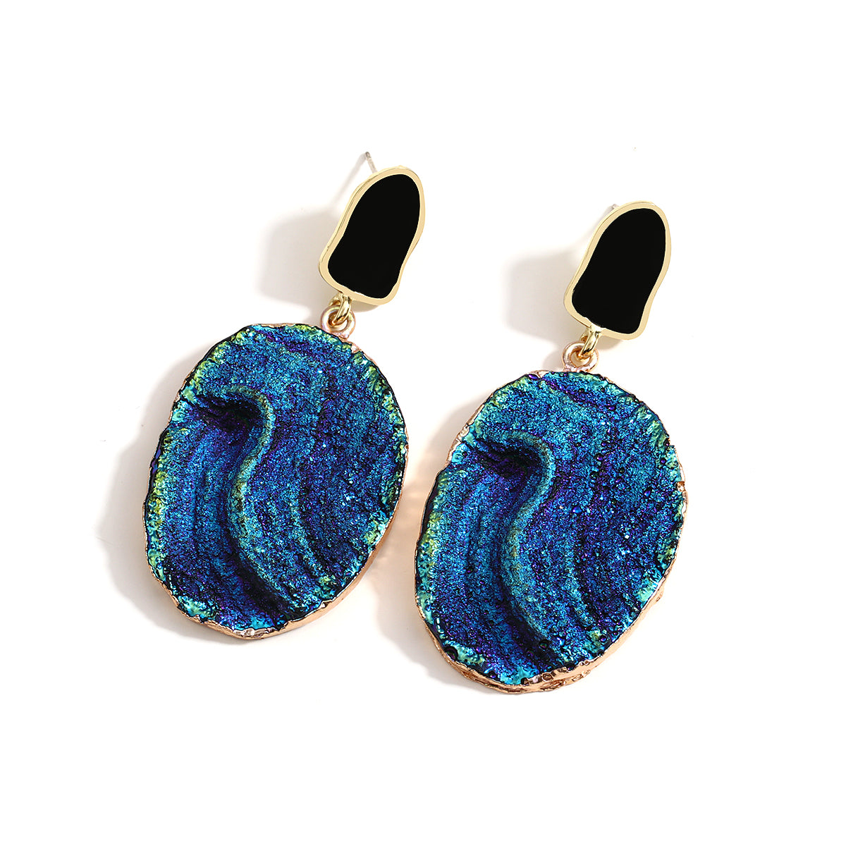 Ladies Blue Vintage Abstract Natural Round Stone Volcanic Rock Dangle Earrings