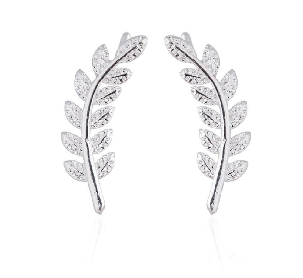 Silver Leaf Crawlers Ear Climbers Statement Stud Cuff Pair Earrings