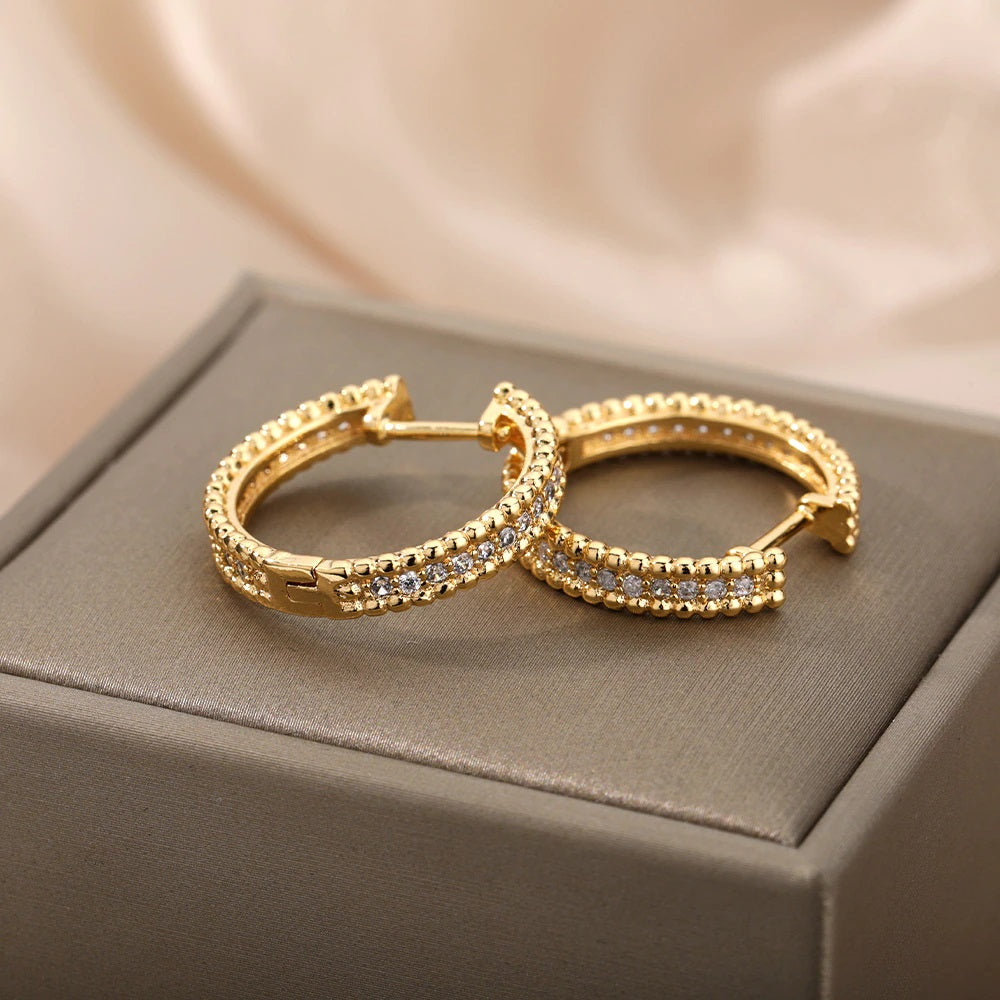Gold Round Medium Beaded Trim Middle Zircon Creole Hoop Womens Earrings