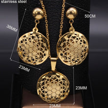 Load image into Gallery viewer, Gold Flower Of Life Stainless Steel Hollow Earring Pendant Necklace Set
