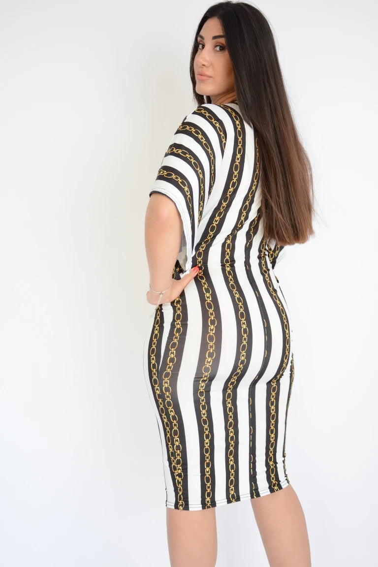 White &amp; Black Stripe Chain Print Twist Wrap Midi Dress