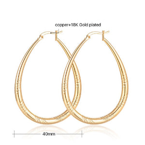 Big Shinning Gold Plated Oval Carved Cut Hoop Earrings