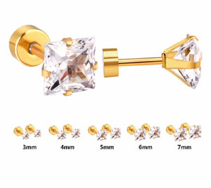 Unisex Gold Plated Hypoallergenic Square CZ Crystals Screw Back Stud Earring