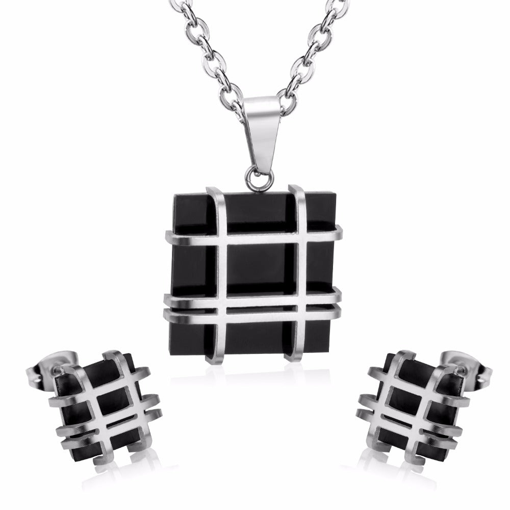 Ladies Gold Silver Stainless Steel Geometry Square Shape Earrings Necklace Set