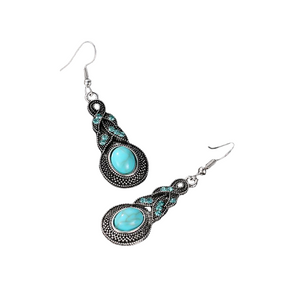 Ladies Ethnic Tibetan Silver Turquoise Crystal Dangling Earrings & Necklace set