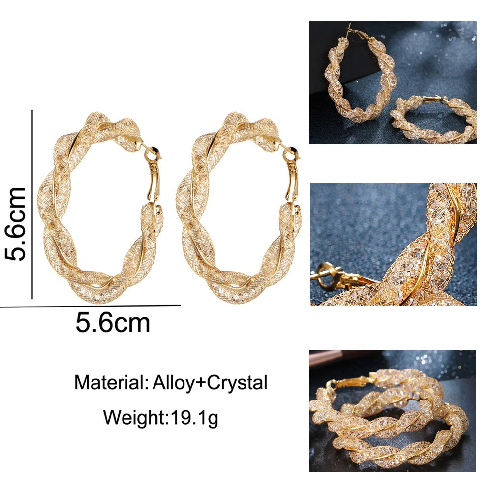 Ladies Gold Round Chunky Twist Crystal Sparkly Hoop Earrings