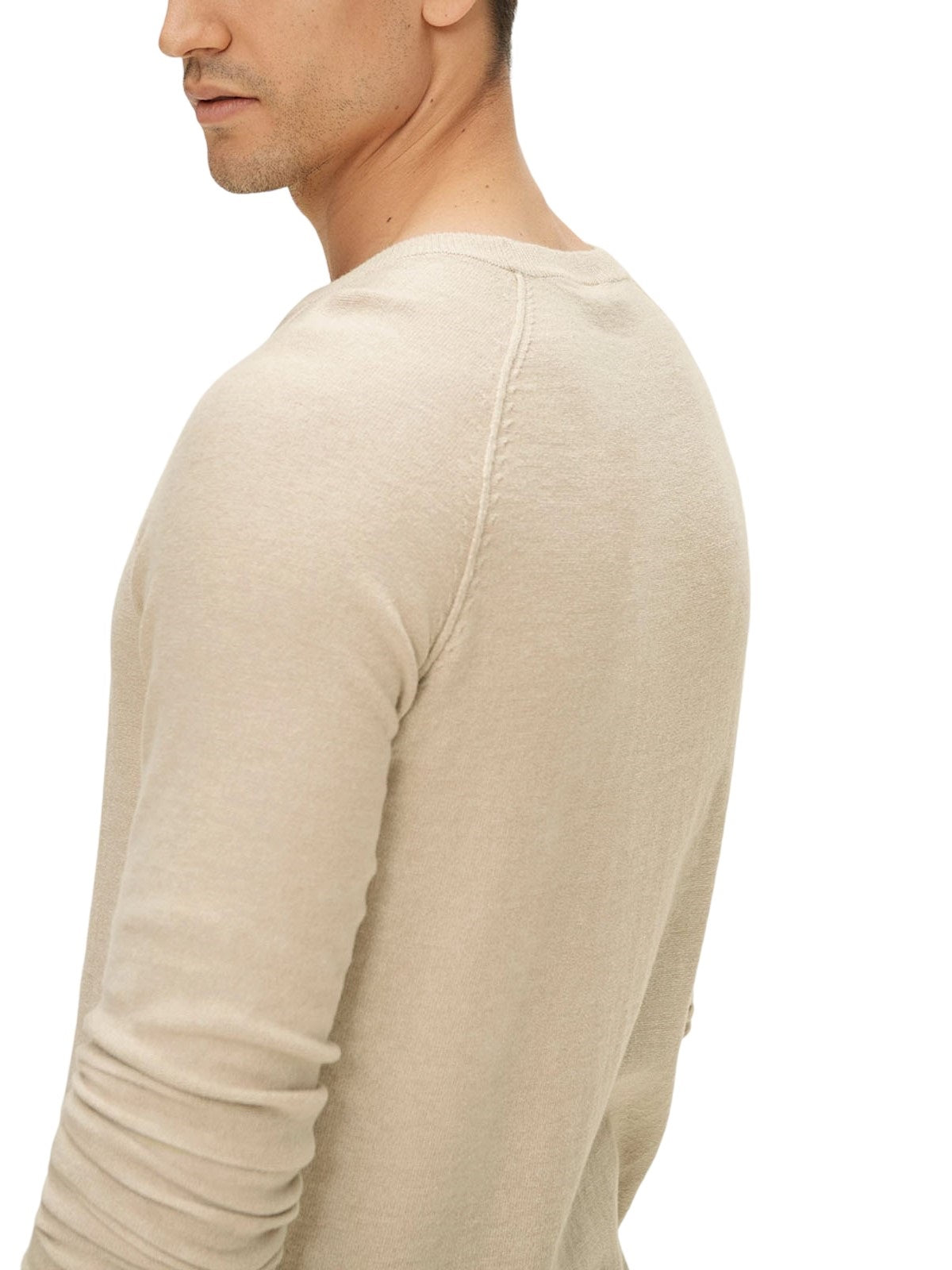 Mens Beige Crew Neck Deco Stitch Cotton Knit Big &Tall Jumper
