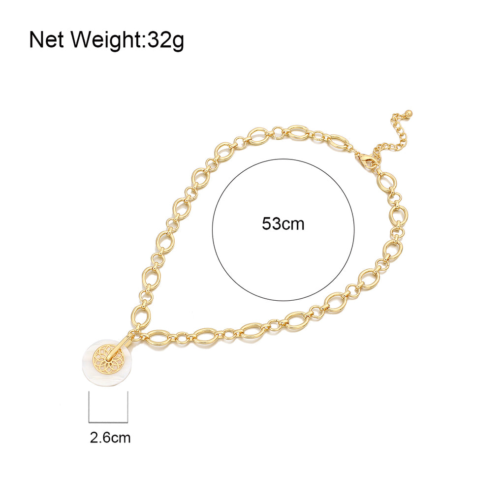 Ladies Gold Plated Round Shell Lotus Pendant Chunky Round Link Chain Necklace
