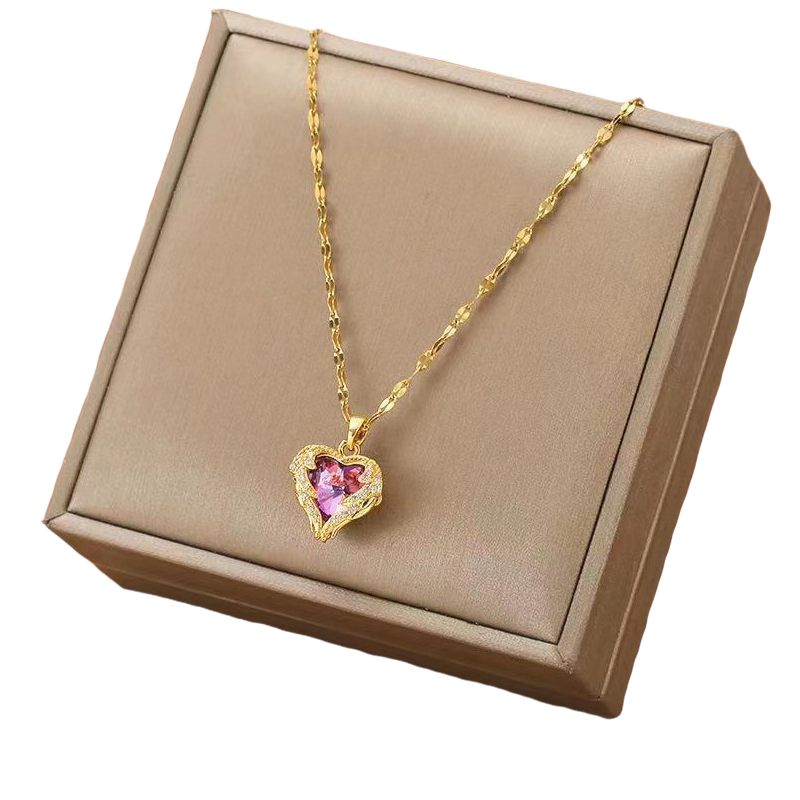 Luxury Gold Zircon Crystal Ocean Heart Pendant & Chain Necklace
