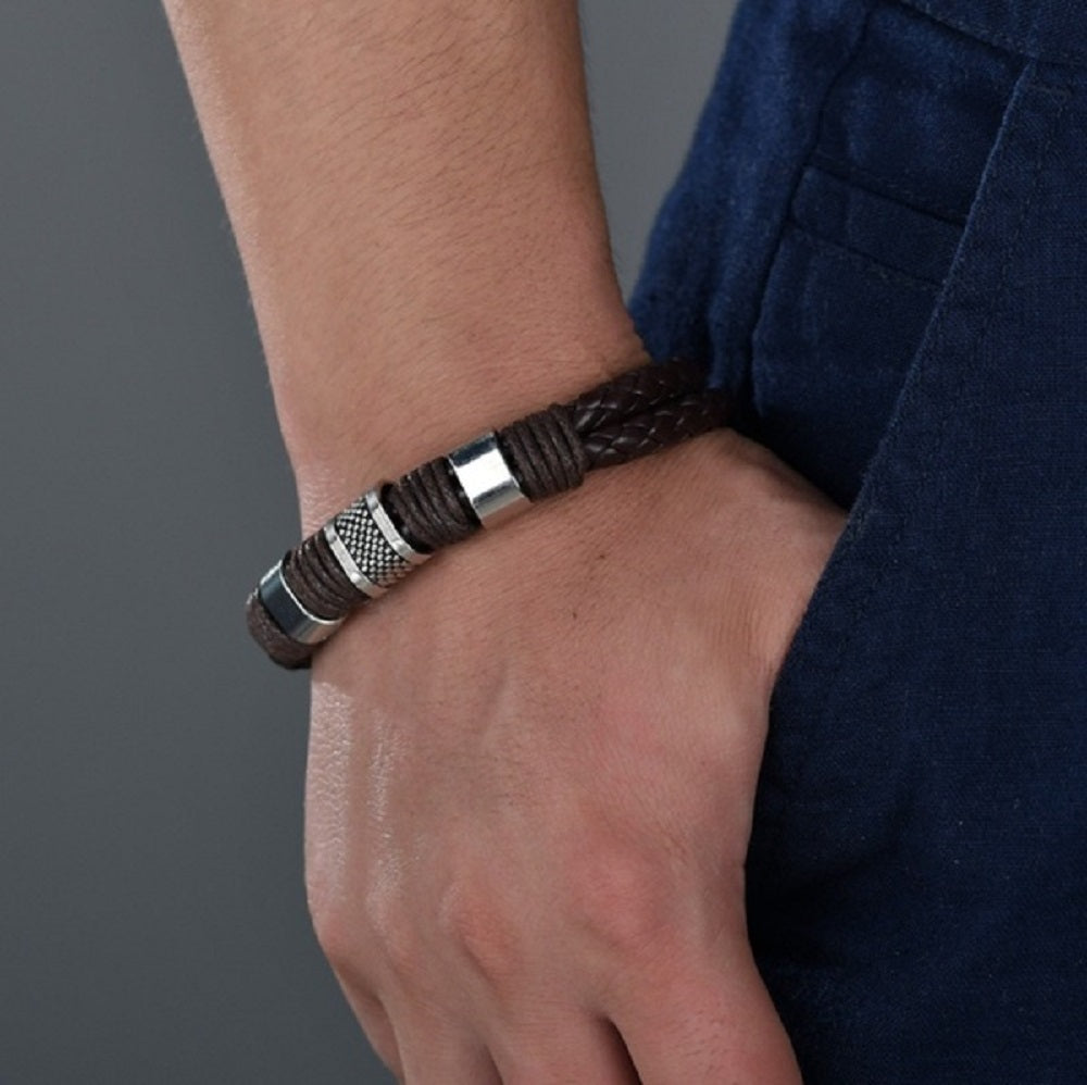 Mens Multilayer Braided Leather &amp; Stainless Steel Bars Magnetic Clasp Bracelets