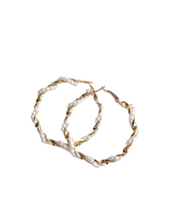 Load image into Gallery viewer, Ladies Round Gold Simulated Pearl Twist Geometric Hoop Earrings
