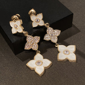 Ladies White Four-Leaf Clover Zircon Crystal Dangling Stud Earrings