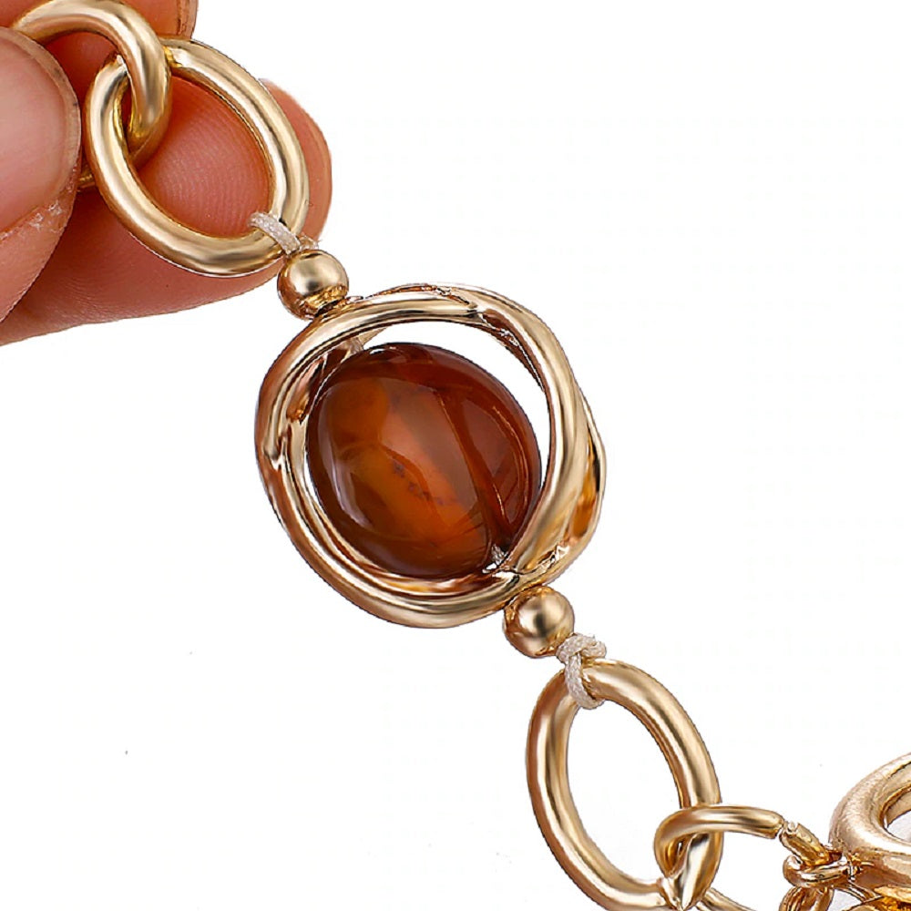 Gold Smoky Gemstone Chunky Round Link Toggle Clasp Bracelet