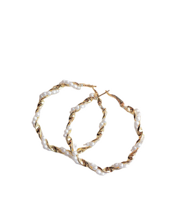 Ladies Round Gold Simulated Pearl Twist Geometric Hoop Earrings