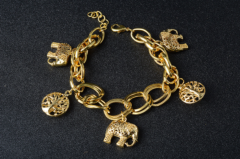Ladies Gold Chunky Round Link Elephant & Tree of Life Charms Handchain Bracelets