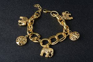 Ladies Gold Chunky Round Link Elephant & Tree of Life Charms Handchain Bracelets