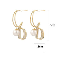 Load image into Gallery viewer, Double D Letter Shape Crystal CZ Layered Faux Pearl Stud Earrings
