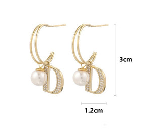 Double D Letter Shape Crystal CZ Layered Faux Pearl Stud Earrings