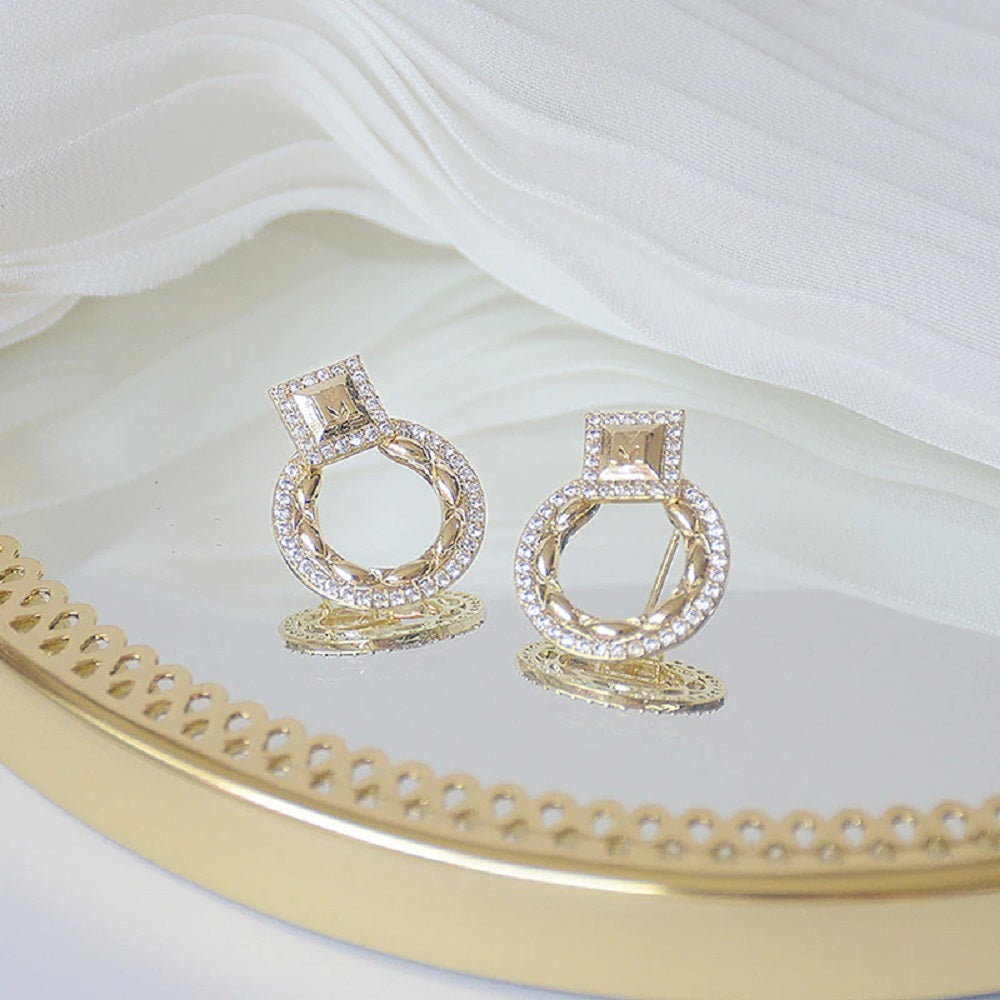 14K Gold Plated Round  Mircro Inlaid AAA Zirconia Stud Earrings