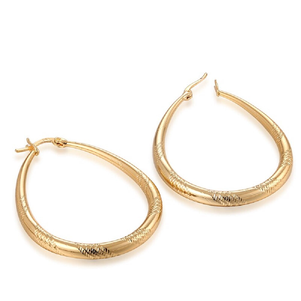 Big Shinning Gold Plated Oval Carved Cut Hoop Earrings