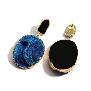 Ladies Blue Vintage Abstract Natural Round Stone Volcanic Rock Dangle Earrings