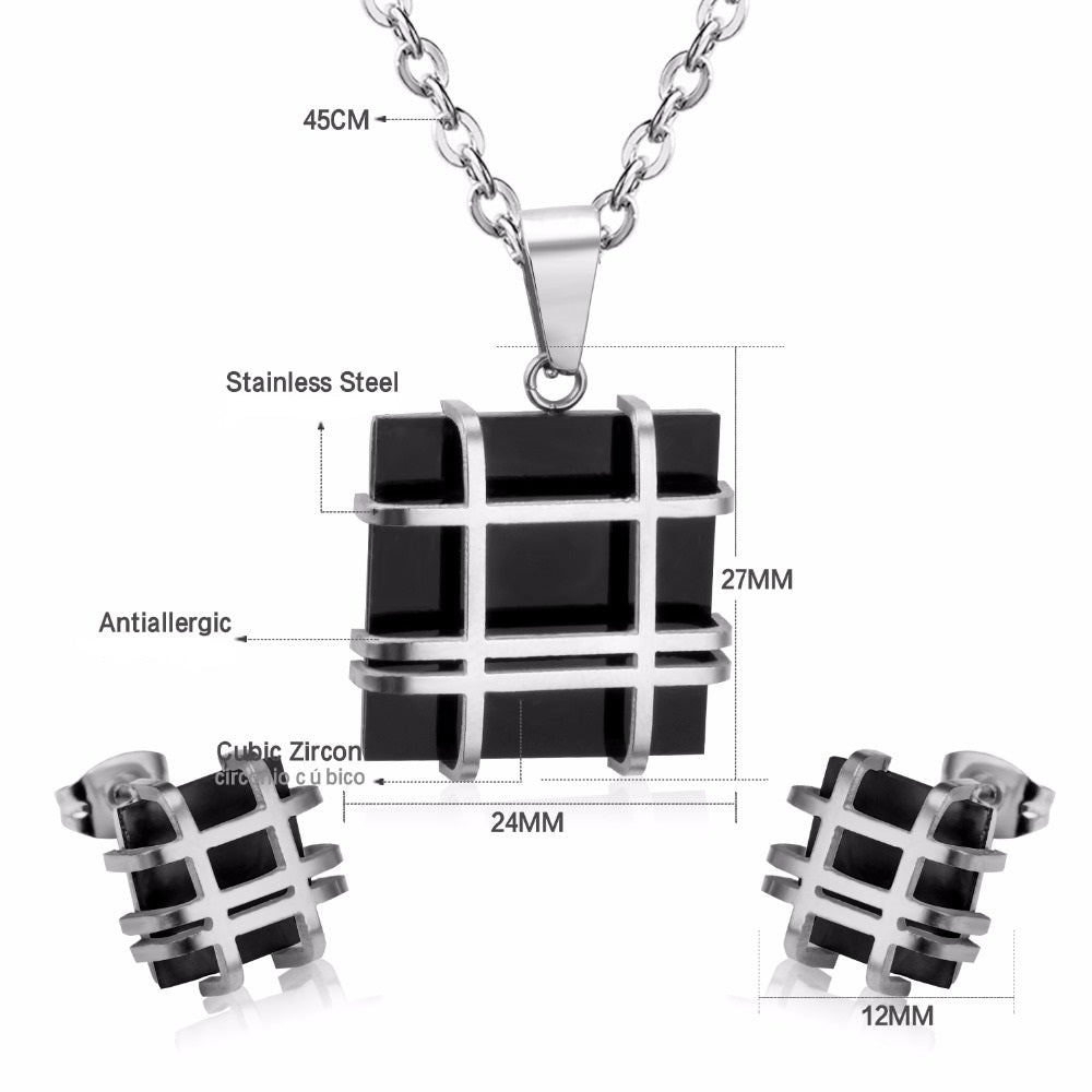 Ladies Gold Silver Stainless Steel Geometry Square Shape Earrings Necklace Set