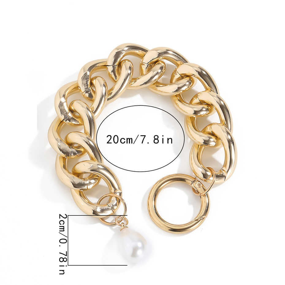 Ladies Gold Chunky Round Link Pearl Coin Charms Toggle Clasp Handchain Bracelets