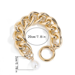 Ladies Gold Chunky Round Link Pearl Coin Charms Toggle Clasp Handchain Bracelets