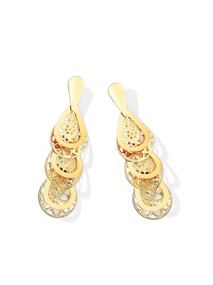 Ladies Gold Hollow Cut Out Tier Layered Geer Wheel Drop Earrings