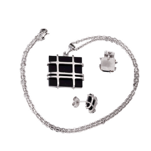Ladies Gold Silver Stainless Steel Geometry Square Shape Earrings Necklace Set