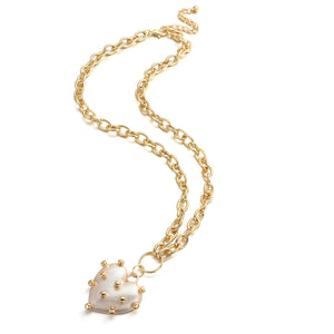 Ladies Gold Plated Chunky Round Link Chain & Irregular Pokey Pearl Heart Pendant