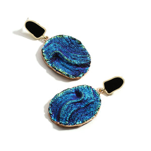 Ladies Blue Vintage Abstract Natural Round Stone Volcanic Rock Dangle Earrings