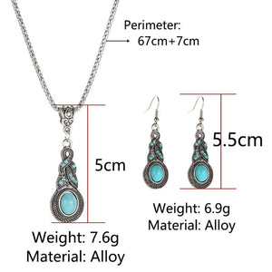 Ladies Ethnic Tibetan Silver Turquoise Crystal Dangling Earrings & Necklace set