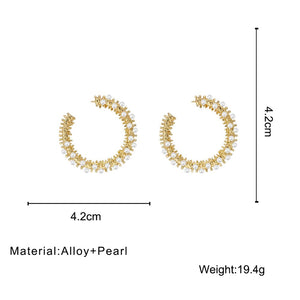 Ladies Gold Round Chunky Pearl Inlay Geometric C Shape Stud Earrings