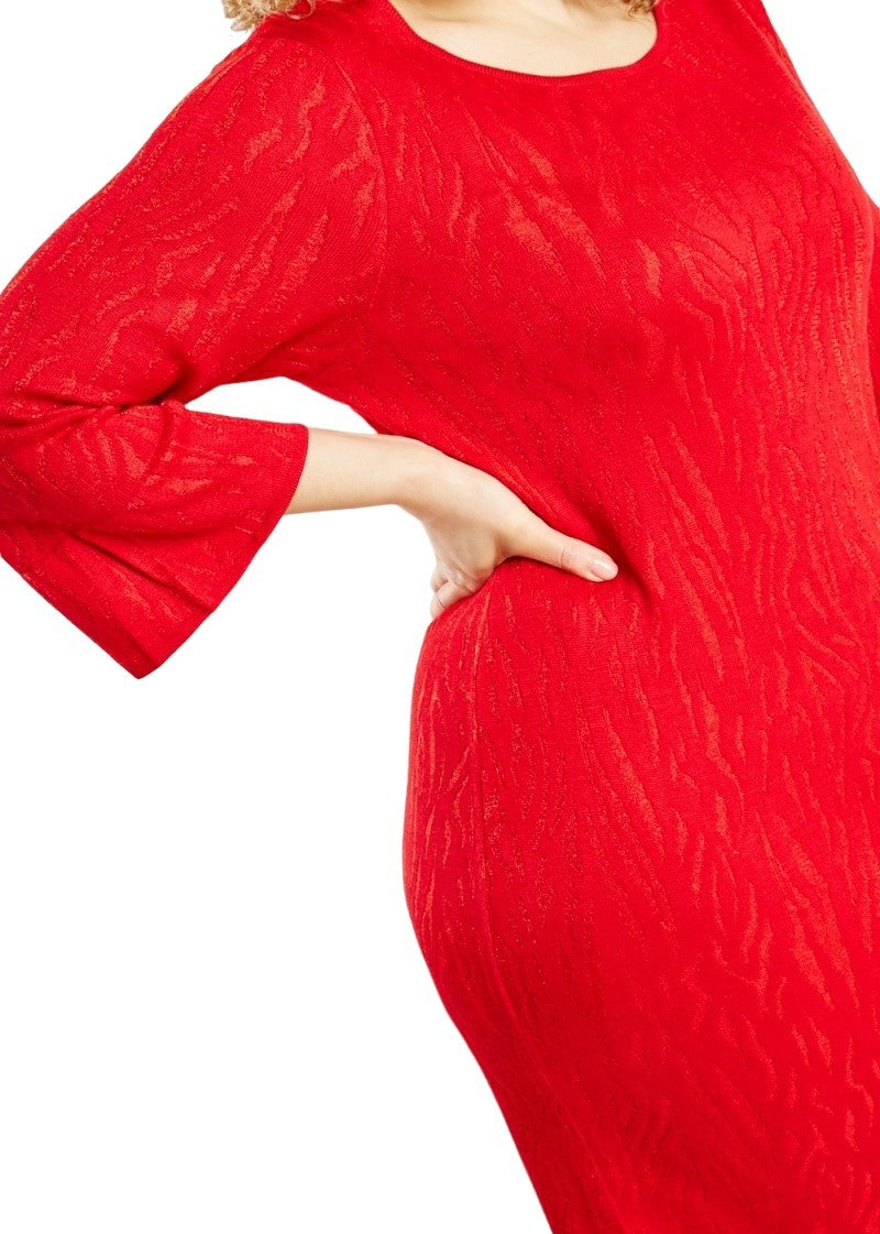 Ladies Red Metallic Insert Midi Long Sleeve Plus Size Dress