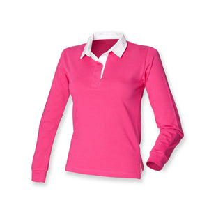 Ladies Pink Front Row Long Sleeve Plain Rugby Shirt