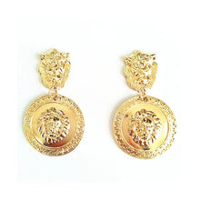 Load image into Gallery viewer, Lion Head Gold Plated Round Medusa Medallion Coin Earrings
