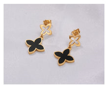 Load image into Gallery viewer, Ladies Black Gold Hypoallergenic Stainless Steel Four Leaf Clover Stud Earrings
