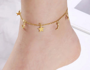Ladies Gold Dainty & Minimalist Dangling Celestial Moon & Sun Anklet