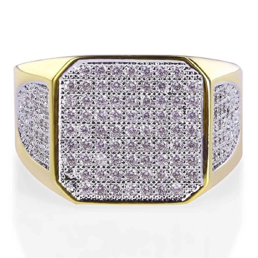 Mens 18K Gold Plated Micropave Square Ring