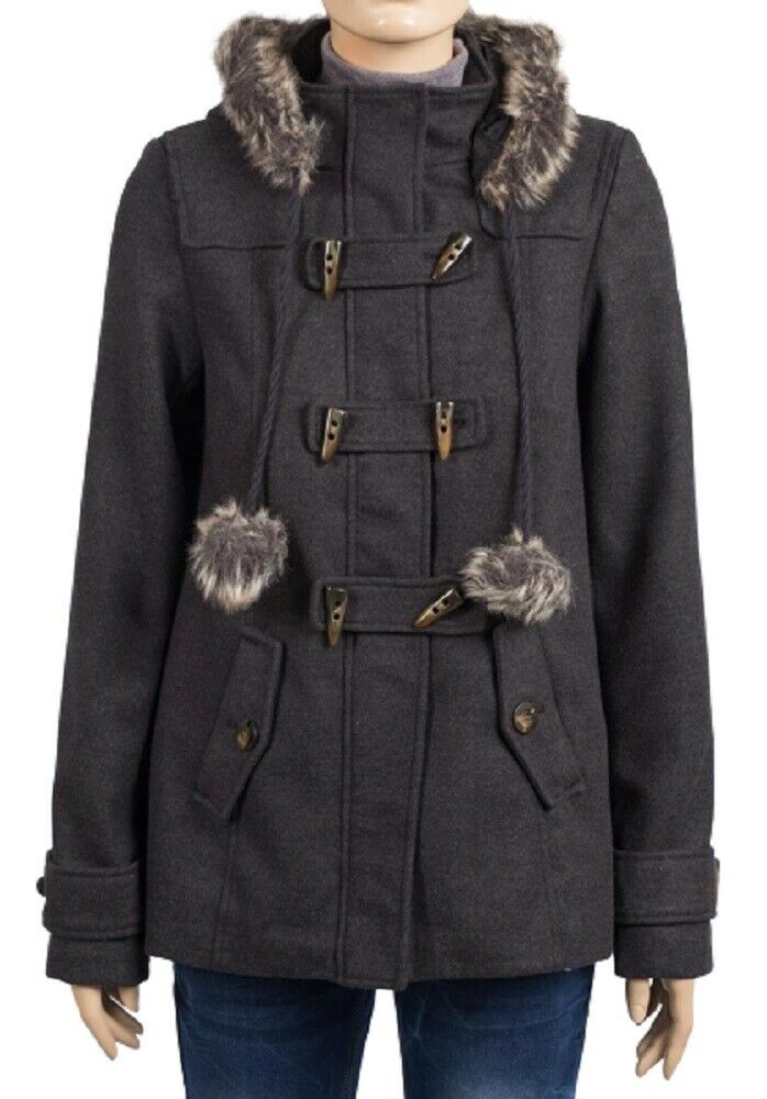 Charcoal Faux Fur Trim Hooded Duffle Coat