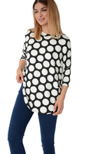 Load image into Gallery viewer, Ladies White &amp; Black Circle Print stretchy Oversize Top
