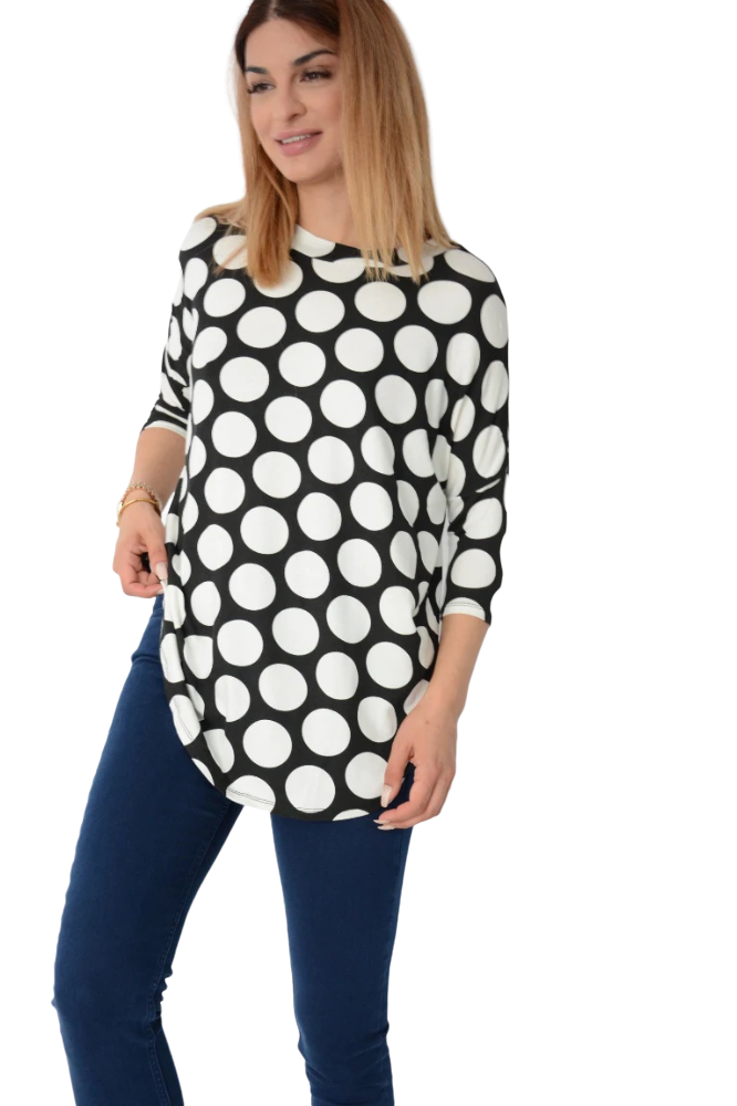 Ladies White & Black Circle Print stretchy Oversize Top