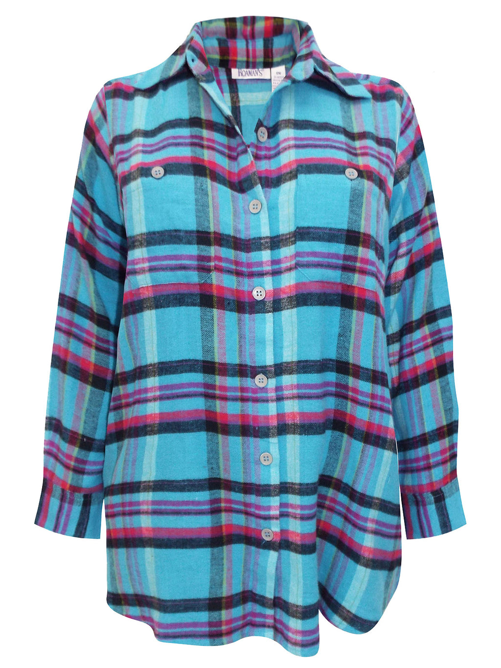 Ladies Blue Multi Brushed Cotton Checked Plus Size Long Sleeve Shirts