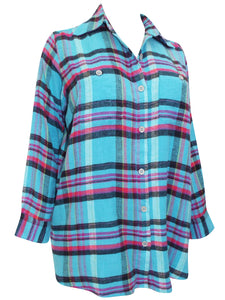 Ladies Blue Multi Brushed Cotton Checked Plus Size Long Sleeve Shirts