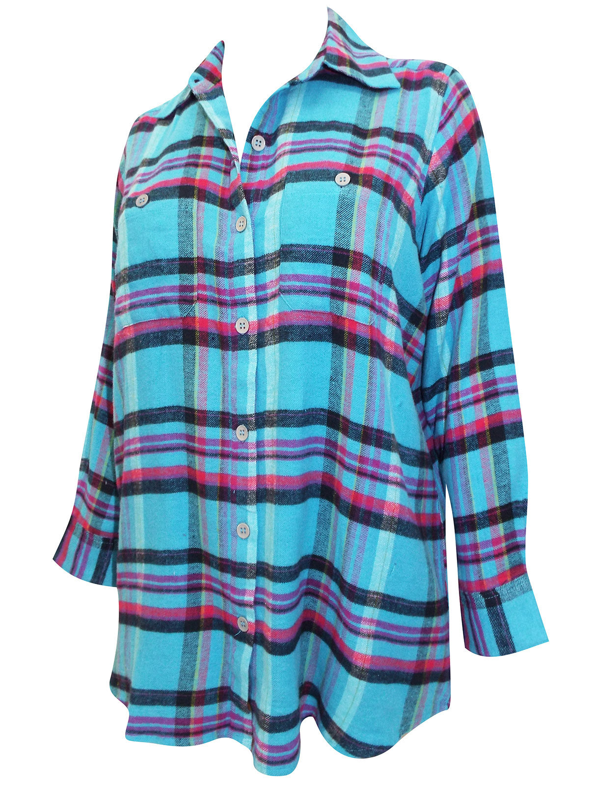 Ladies Blue Multi Brushed Cotton Checked Plus Size Long Sleeve Shirts