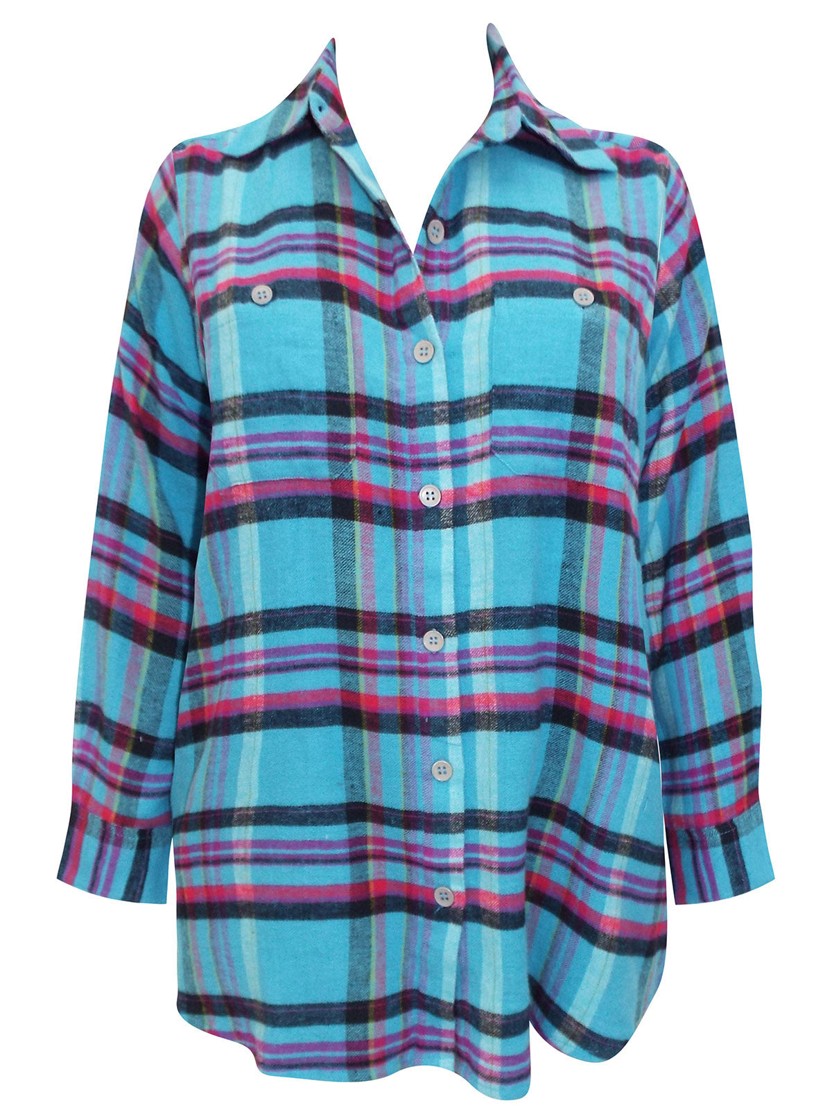 Ladies Blue Multi Brushed Cotton Checked Plus Size Long Sleeve Shirts