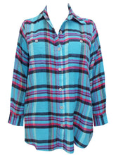 Load image into Gallery viewer, Ladies Blue Multi Brushed Cotton Checked Plus Size Long Sleeve Shirts

