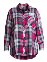 Load image into Gallery viewer, Ladies Pink Multi Plaid Checked Long Sleeve Plus Size Shirt Tops
